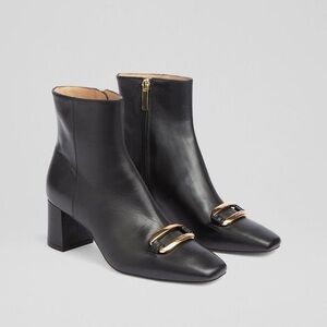 NEW ⚜️LK Bennett⚜️Novella Black Leather Gold Bar Ankle Black Boots Sz. 38